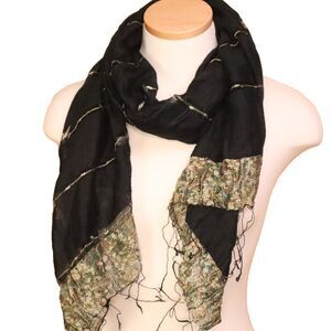 Sheer Scarf With Fringe Ends Black Shimmer Threads 66" x 24"